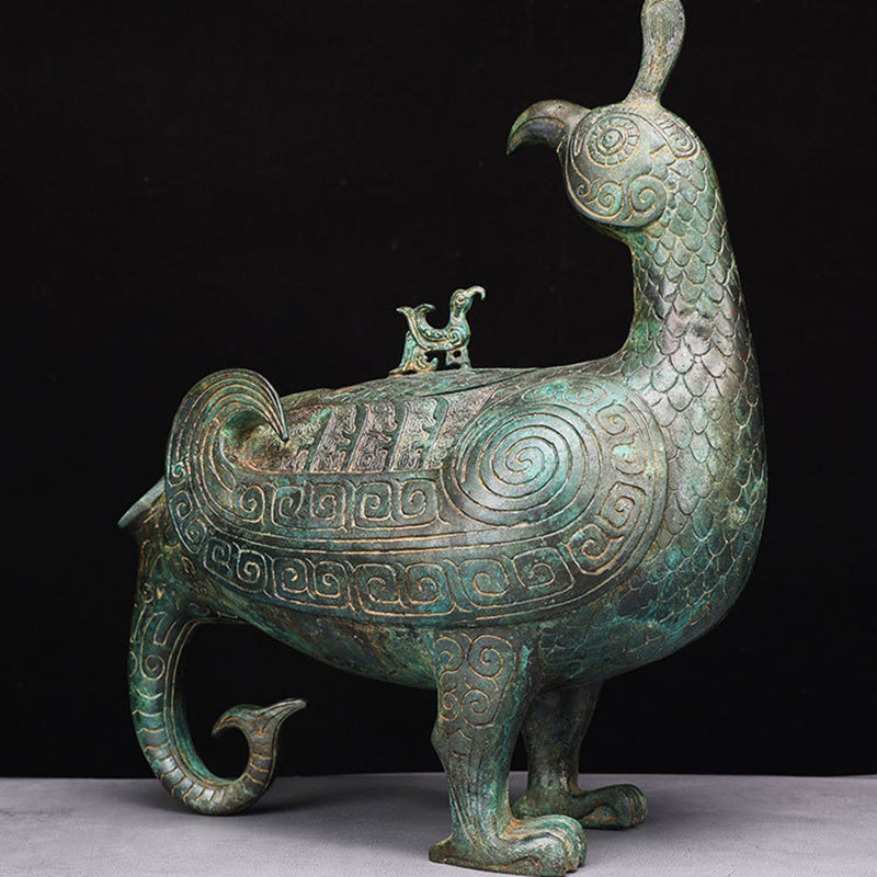 Antique Bronze Phoenix Bird Zun Vessel 3