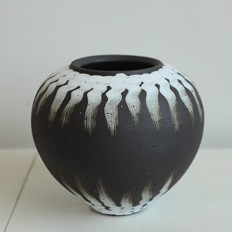 Ink Splatter Black and White Pottery Jar Small Size