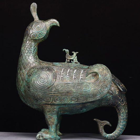 Antique Bronze Phoenix Bird Zun Vessel