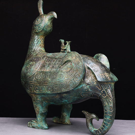 Antique Bronze Phoenix Bird Zun Vessel 2