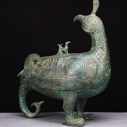 Antique Bronze Phoenix Bird Zun Vessel 3