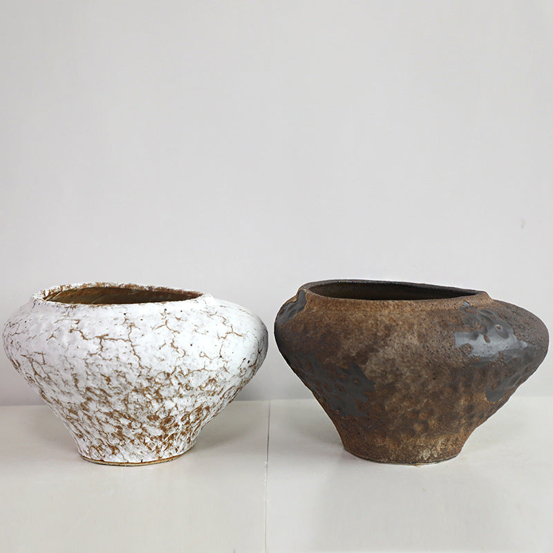Cracked White Zen Pottery Jar and Rustic Zen Pottery Jar