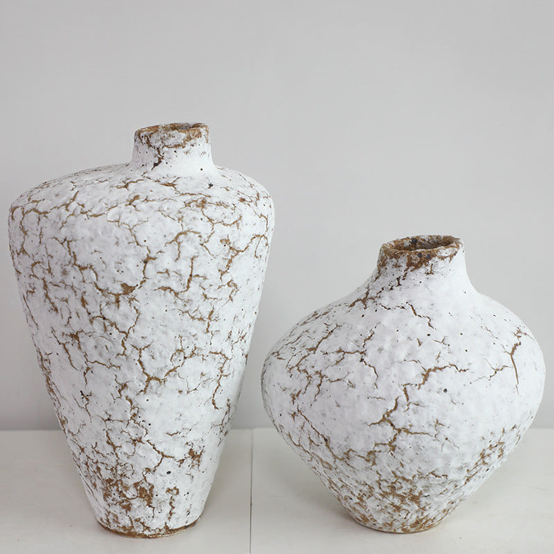 Frosted Cracked White Ceramic Gourd Vase and Frosted Cracked White Ceramic Cone Vase