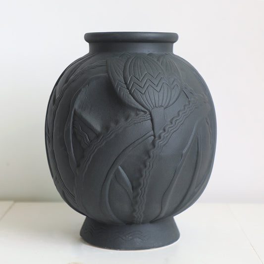 Ink-Black Tulip Relief Vase