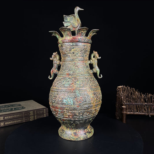 Lotus Leaf & Auspicious Crane Bronze Wine Vessel