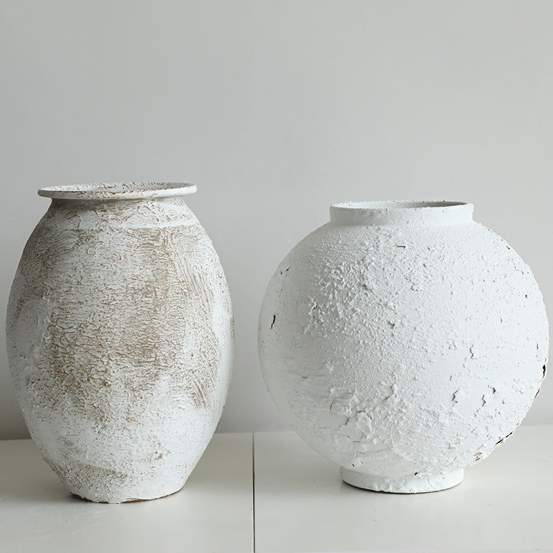 Wabi-Sabi Textured White Ceramic Jar and Santorini Style Distressed Pottery Jar