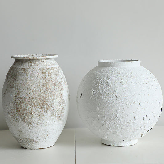 Wabi-Sabi Textured White Ceramic Jar and Santorini Style Distressed Pottery Jar